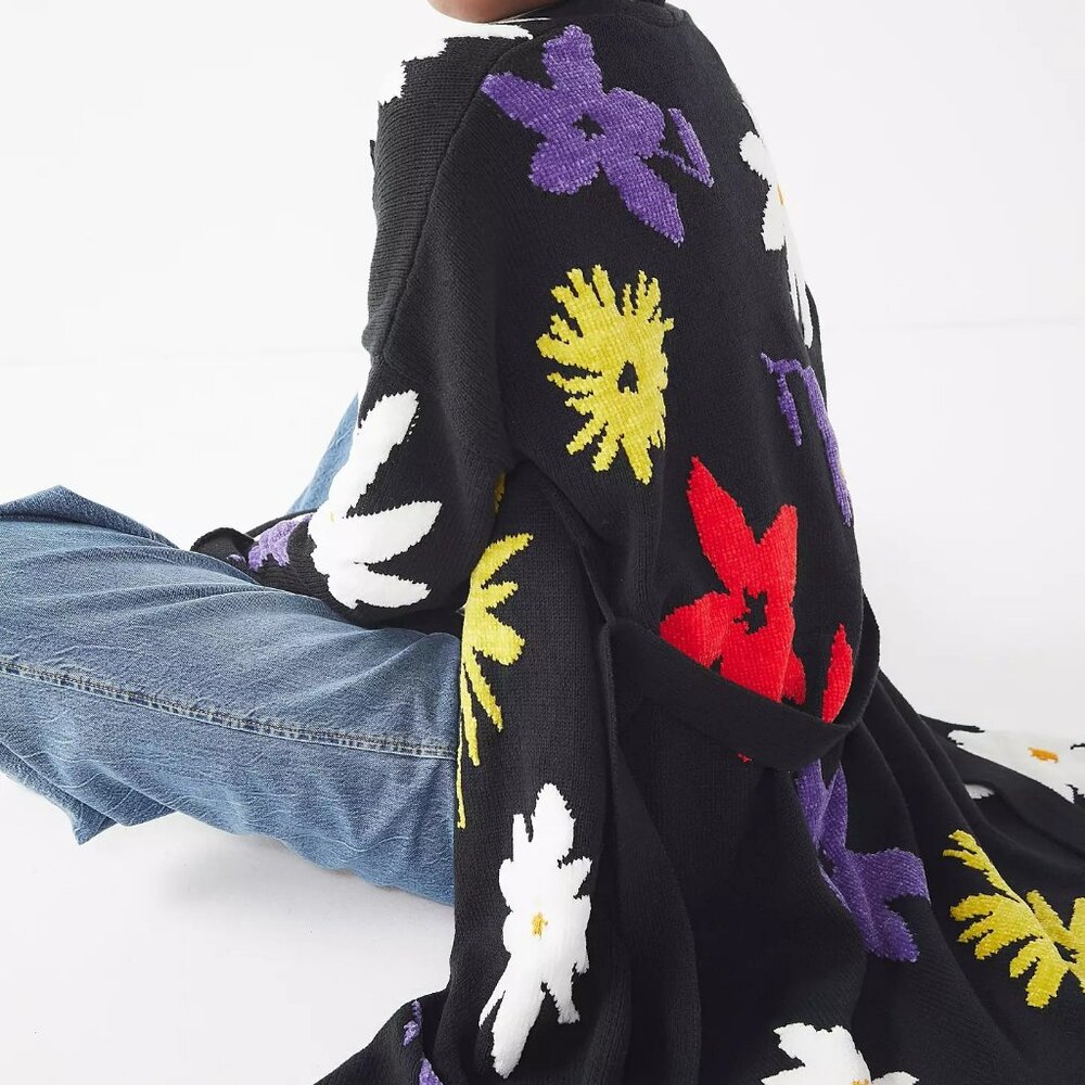 Retro Boho Longline Floral Chenille Sweater Cardigan / Coat - XS /Small - NWOT - Picture 2 of 16